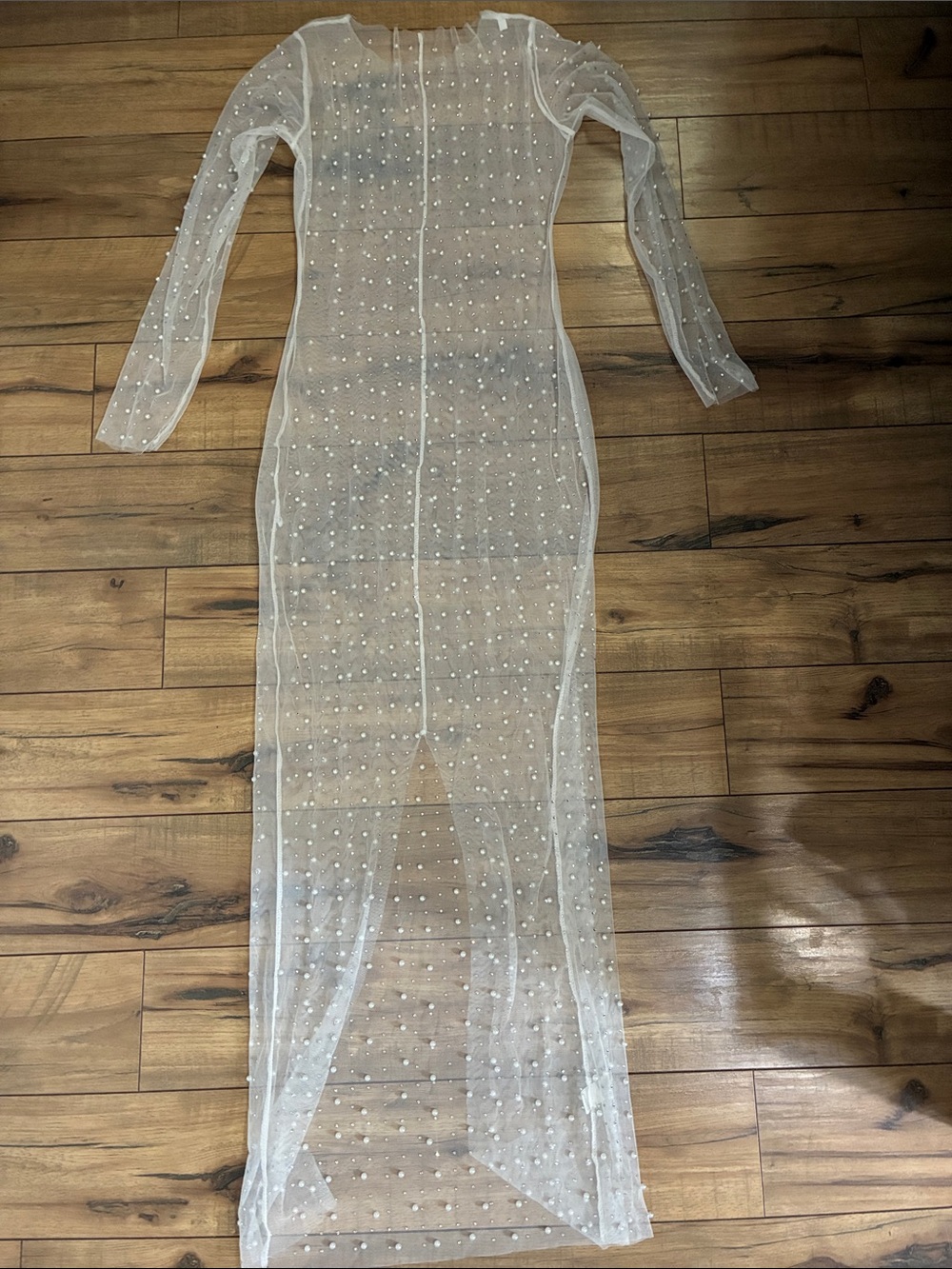 Sheer Pearl-Embellished Long Sleeve Maxi Dress - White